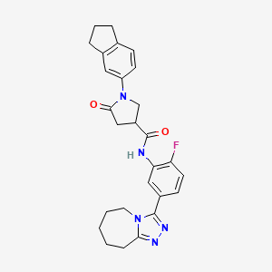 molecular formula C27H28FN5O2 B7551117 1-(2,3-dihydro-1H-inden-5-yl)-N-[2-fluoro-5-(6,7,8,9-tetrahydro-5H-[1,2,4]triazolo[4,3-a]azepin-3-yl)phenyl]-5-oxopyrrolidine-3-carboxamide 