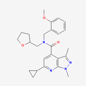 molecular formula C25H30N4O3 B7551222 6-cyclopropyl-N-[(2-methoxyphenyl)methyl]-1,3-dimethyl-N-(oxolan-2-ylmethyl)pyrazolo[3,4-b]pyridine-4-carboxamide 