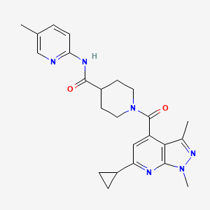 molecular formula C24H28N6O2 B7551289 1-(6-cyclopropyl-1,3-dimethylpyrazolo[3,4-b]pyridine-4-carbonyl)-N-(5-methylpyridin-2-yl)piperidine-4-carboxamide 