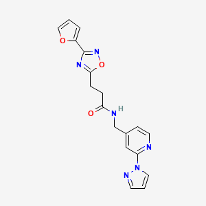 molecular formula C18H16N6O3 B7551334 3-[3-(furan-2-yl)-1,2,4-oxadiazol-5-yl]-N-[(2-pyrazol-1-ylpyridin-4-yl)methyl]propanamide 