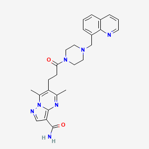 molecular formula C26H29N7O2 B7551427 5,7-Dimethyl-6-[3-oxo-3-[4-(quinolin-8-ylmethyl)piperazin-1-yl]propyl]pyrazolo[1,5-a]pyrimidine-3-carboxamide 