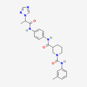 1-N-(3-methylphenyl)-3-N-[4-[2-(1,2,4-triazol-1-yl)propanoylamino]phenyl]piperidine-1,3-dicarboxamide