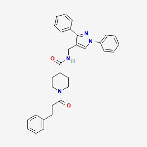 molecular formula C31H32N4O2 B7551496 N-[(1,3-diphenylpyrazol-4-yl)methyl]-1-(3-phenylpropanoyl)piperidine-4-carboxamide 