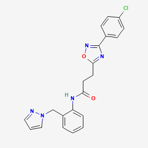molecular formula C21H18ClN5O2 B7551624 3-[3-(4-chlorophenyl)-1,2,4-oxadiazol-5-yl]-N-[2-(pyrazol-1-ylmethyl)phenyl]propanamide 