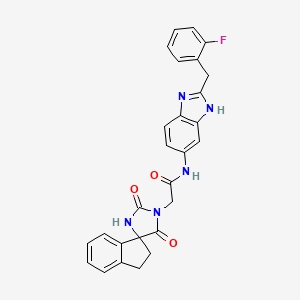 molecular formula C27H22FN5O3 B7551660 2-(2',5'-dioxospiro[1,2-dihydroindene-3,4'-imidazolidine]-1'-yl)-N-[2-[(2-fluorophenyl)methyl]-3H-benzimidazol-5-yl]acetamide 