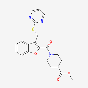 molecular formula C21H21N3O4S B7551674 Methyl 1-[3-(pyrimidin-2-ylsulfanylmethyl)-1-benzofuran-2-carbonyl]piperidine-4-carboxylate 