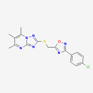 molecular formula C17H15ClN6OS B7551732 3-(4-Chlorophenyl)-5-[(5,6,7-trimethyl-[1,2,4]triazolo[1,5-a]pyrimidin-2-yl)sulfanylmethyl]-1,2,4-oxadiazole 