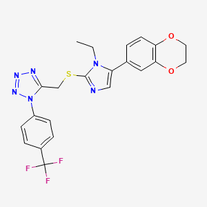 molecular formula C22H19F3N6O2S B7551743 5-[[5-(2,3-Dihydro-1,4-benzodioxin-6-yl)-1-ethylimidazol-2-yl]sulfanylmethyl]-1-[4-(trifluoromethyl)phenyl]tetrazole 