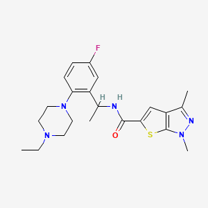 molecular formula C22H28FN5OS B7551905 N-[1-[2-(4-ethylpiperazin-1-yl)-5-fluorophenyl]ethyl]-1,3-dimethylthieno[2,3-c]pyrazole-5-carboxamide 