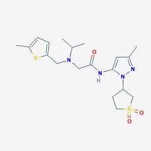 molecular formula C19H28N4O3S2 B7551918 N-[2-(1,1-dioxothiolan-3-yl)-5-methylpyrazol-3-yl]-2-[(5-methylthiophen-2-yl)methyl-propan-2-ylamino]acetamide 