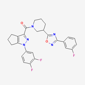 molecular formula C26H22F3N5O2 B7552278 [1-(3,4-difluorophenyl)-5,6-dihydro-4H-cyclopenta[c]pyrazol-3-yl]-[3-[3-(3-fluorophenyl)-1,2,4-oxadiazol-5-yl]piperidin-1-yl]methanone 