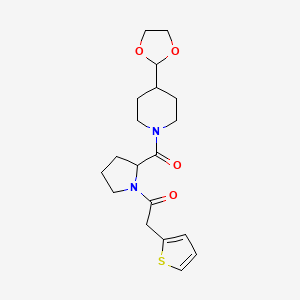 molecular formula C19H26N2O4S B7552647 1-[2-[4-(1,3-Dioxolan-2-yl)piperidine-1-carbonyl]pyrrolidin-1-yl]-2-thiophen-2-ylethanone 