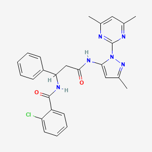 molecular formula C26H25ClN6O2 B7552853 2-chloro-N-[3-[[2-(4,6-dimethylpyrimidin-2-yl)-5-methylpyrazol-3-yl]amino]-3-oxo-1-phenylpropyl]benzamide 
