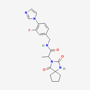 molecular formula C20H22FN5O3 B7553023 2-(2,4-dioxo-1,3-diazaspiro[4.4]nonan-3-yl)-N-[(3-fluoro-4-imidazol-1-ylphenyl)methyl]propanamide 