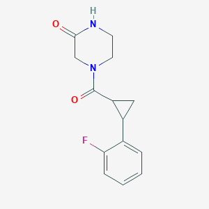 molecular formula C14H15FN2O2 B7553515 4-[2-(2-Fluorophenyl)cyclopropanecarbonyl]piperazin-2-one 