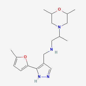 molecular formula C18H28N4O2 B7553606 2-(2,6-dimethylmorpholin-4-yl)-N-[[5-(5-methylfuran-2-yl)-1H-pyrazol-4-yl]methyl]propan-1-amine 