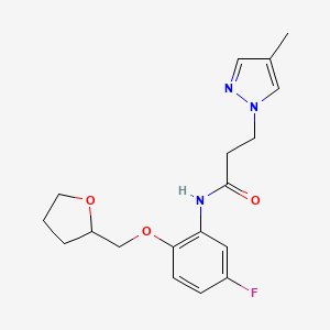 molecular formula C18H22FN3O3 B7553804 N-[5-fluoro-2-(oxolan-2-ylmethoxy)phenyl]-3-(4-methylpyrazol-1-yl)propanamide 