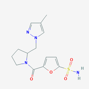 molecular formula C14H18N4O4S B7553866 5-[2-[(4-Methylpyrazol-1-yl)methyl]pyrrolidine-1-carbonyl]furan-2-sulfonamide 