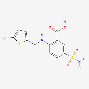 molecular formula C12H11ClN2O4S2 B7554400 2-[(5-Chlorothiophen-2-yl)methylamino]-5-sulfamoylbenzoic acid 