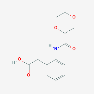 molecular formula C13H15NO5 B7555706 2-[2-(1,4-Dioxane-2-carbonylamino)phenyl]acetic acid 