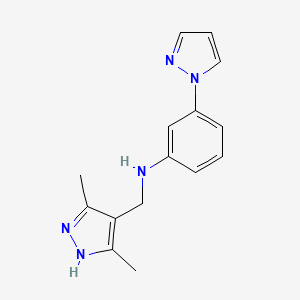 molecular formula C15H17N5 B7557753 N-[(3,5-dimethyl-1H-pyrazol-4-yl)methyl]-3-pyrazol-1-ylaniline 
