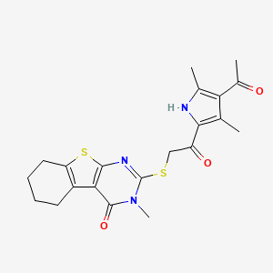molecular formula C21H23N3O3S2 B7557768 2-[2-(4-acetyl-3,5-dimethyl-1H-pyrrol-2-yl)-2-oxoethyl]sulfanyl-3-methyl-5,6,7,8-tetrahydro-[1]benzothiolo[2,3-d]pyrimidin-4-one 