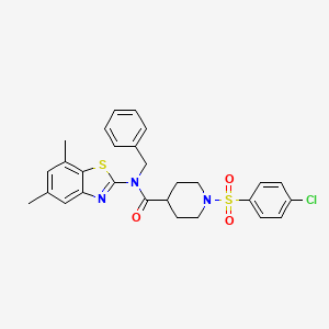 molecular formula C28H28ClN3O3S2 B7558204 N-benzyl-1-(4-chlorophenyl)sulfonyl-N-(5,7-dimethyl-1,3-benzothiazol-2-yl)piperidine-4-carboxamide 