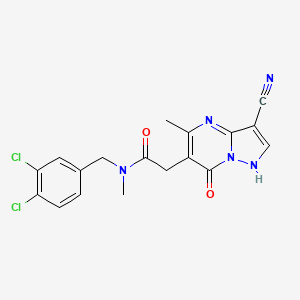 molecular formula C18H15Cl2N5O2 B7558973 2-(3-cyano-5-methyl-7-oxo-1H-pyrazolo[1,5-a]pyrimidin-6-yl)-N-[(3,4-dichlorophenyl)methyl]-N-methylacetamide 