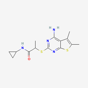 molecular formula C14H18N4OS2 B7561890 2-(4-amino-5,6-dimethylthieno[2,3-d]pyrimidin-2-yl)sulfanyl-N-cyclopropylpropanamide 