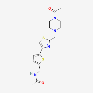 molecular formula C17H22N4O2S2 B7562342 N-[[5-[2-[(4-acetylpiperazin-1-yl)methyl]-1,3-thiazol-4-yl]thiophen-2-yl]methyl]acetamide 