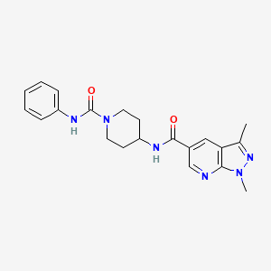 molecular formula C21H24N6O2 B7562552 1,3-dimethyl-N-[1-(phenylcarbamoyl)piperidin-4-yl]pyrazolo[3,4-b]pyridine-5-carboxamide 