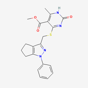 molecular formula C20H20N4O3S B7563147 methyl 6-methyl-2-oxo-4-[(1-phenyl-5,6-dihydro-4H-cyclopenta[c]pyrazol-3-yl)methylsulfanyl]-1H-pyrimidine-5-carboxylate 