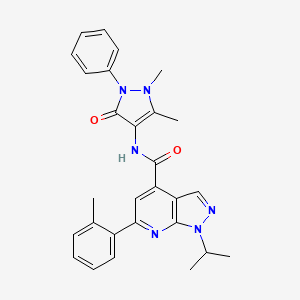 molecular formula C28H28N6O2 B7563391 N-(1,5-dimethyl-3-oxo-2-phenylpyrazol-4-yl)-6-(2-methylphenyl)-1-propan-2-ylpyrazolo[3,4-b]pyridine-4-carboxamide 