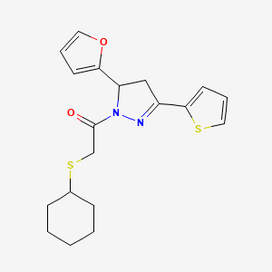 molecular formula C19H22N2O2S2 B7563554 2-Cyclohexylsulfanyl-1-[3-(furan-2-yl)-5-thiophen-2-yl-3,4-dihydropyrazol-2-yl]ethanone 