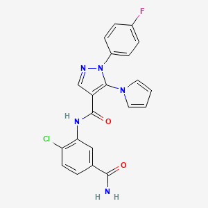 molecular formula C21H15ClFN5O2 B7563975 N-(5-carbamoyl-2-chlorophenyl)-1-(4-fluorophenyl)-5-pyrrol-1-ylpyrazole-4-carboxamide 