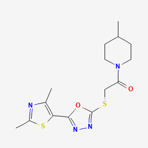 molecular formula C15H20N4O2S2 B7564143 2-[[5-(2,4-Dimethyl-1,3-thiazol-5-yl)-1,3,4-oxadiazol-2-yl]sulfanyl]-1-(4-methylpiperidin-1-yl)ethanone 