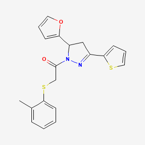 molecular formula C20H18N2O2S2 B7565631 1-[3-(Furan-2-yl)-5-thiophen-2-yl-3,4-dihydropyrazol-2-yl]-2-(2-methylphenyl)sulfanylethanone 