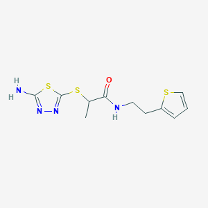 molecular formula C11H14N4OS3 B7566656 2-[(5-amino-1,3,4-thiadiazol-2-yl)sulfanyl]-N-(2-thiophen-2-ylethyl)propanamide 