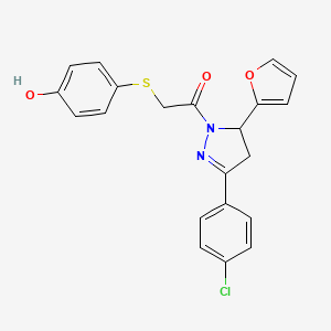 molecular formula C21H17ClN2O3S B7566682 1-[5-(4-Chlorophenyl)-3-(furan-2-yl)-3,4-dihydropyrazol-2-yl]-2-(4-hydroxyphenyl)sulfanylethanone 