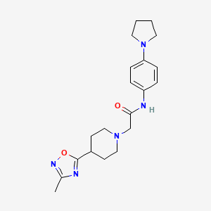 molecular formula C20H27N5O2 B7566890 2-[4-(3-methyl-1,2,4-oxadiazol-5-yl)piperidin-1-yl]-N-(4-pyrrolidin-1-ylphenyl)acetamide 