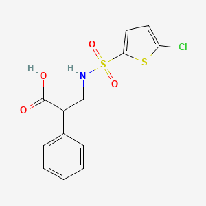 molecular formula C13H12ClNO4S2 B7568479 3-[(5-Chlorothiophen-2-yl)sulfonylamino]-2-phenylpropanoic acid 