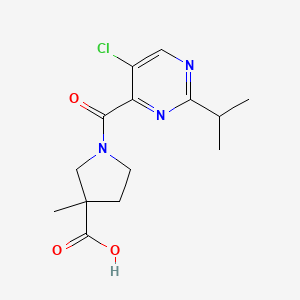 molecular formula C14H18ClN3O3 B7569250 1-(5-Chloro-2-propan-2-ylpyrimidine-4-carbonyl)-3-methylpyrrolidine-3-carboxylic acid 