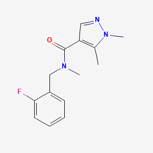 molecular formula C14H16FN3O B7571236 N-[(2-fluorophenyl)methyl]-N,1,5-trimethylpyrazole-4-carboxamide 