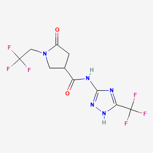 molecular formula C10H9F6N5O2 B7571256 5-oxo-1-(2,2,2-trifluoroethyl)-N-[5-(trifluoromethyl)-1H-1,2,4-triazol-3-yl]pyrrolidine-3-carboxamide 