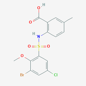 molecular formula C15H13BrClNO5S B7571843 2-[(3-Bromo-5-chloro-2-methoxyphenyl)sulfonylamino]-5-methylbenzoic acid 