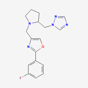 molecular formula C17H18FN5O B7572676 2-(3-Fluorophenyl)-4-[[2-(1,2,4-triazol-1-ylmethyl)pyrrolidin-1-yl]methyl]-1,3-oxazole 