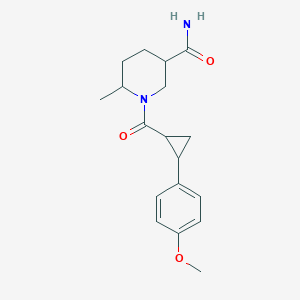 molecular formula C18H24N2O3 B7573367 1-[2-(4-Methoxyphenyl)cyclopropanecarbonyl]-6-methylpiperidine-3-carboxamide 