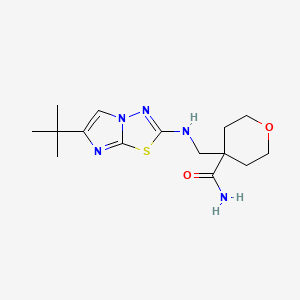 molecular formula C15H23N5O2S B7573384 4-[[(6-Tert-butylimidazo[2,1-b][1,3,4]thiadiazol-2-yl)amino]methyl]oxane-4-carboxamide 