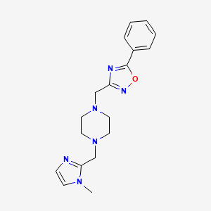 molecular formula C18H22N6O B7573536 3-[[4-[(1-Methylimidazol-2-yl)methyl]piperazin-1-yl]methyl]-5-phenyl-1,2,4-oxadiazole 