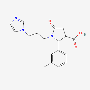 molecular formula C18H21N3O3 B7573582 1-(3-Imidazol-1-ylpropyl)-2-(3-methylphenyl)-5-oxopyrrolidine-3-carboxylic acid 